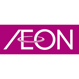 背景にピンク色のバナーに「AEON」と書かれたロゴが描かれています。