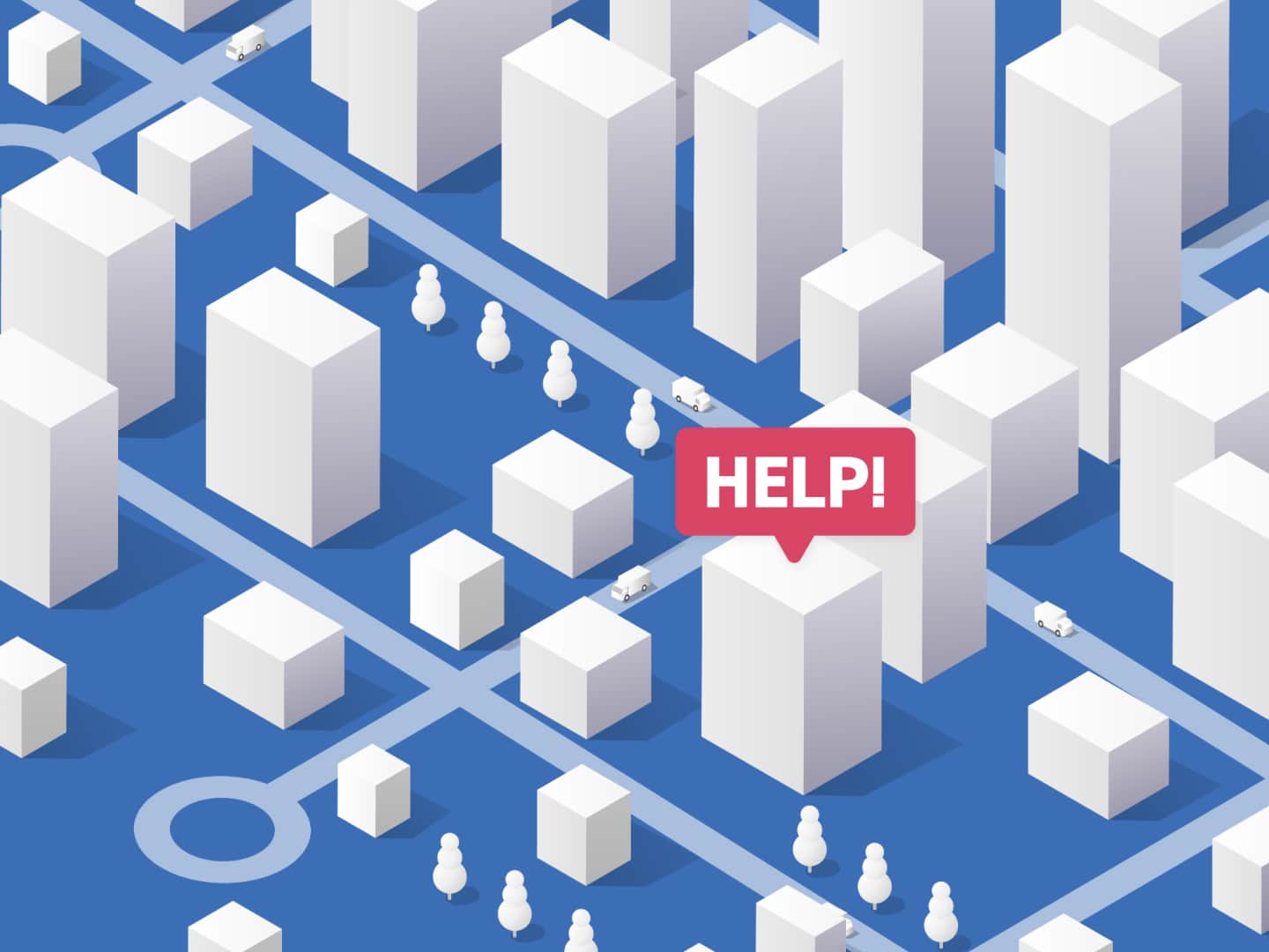 青い背景の都市マップ上に、白いビルが立ち並び「HELP!」と表示された吹き出しが見える。
