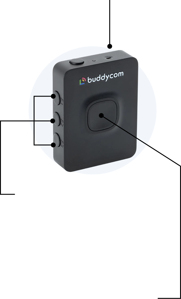 黒いボディに「buddycom」のロゴがある小型デバイスの写真で、側面に複数のボタンが配置されている。