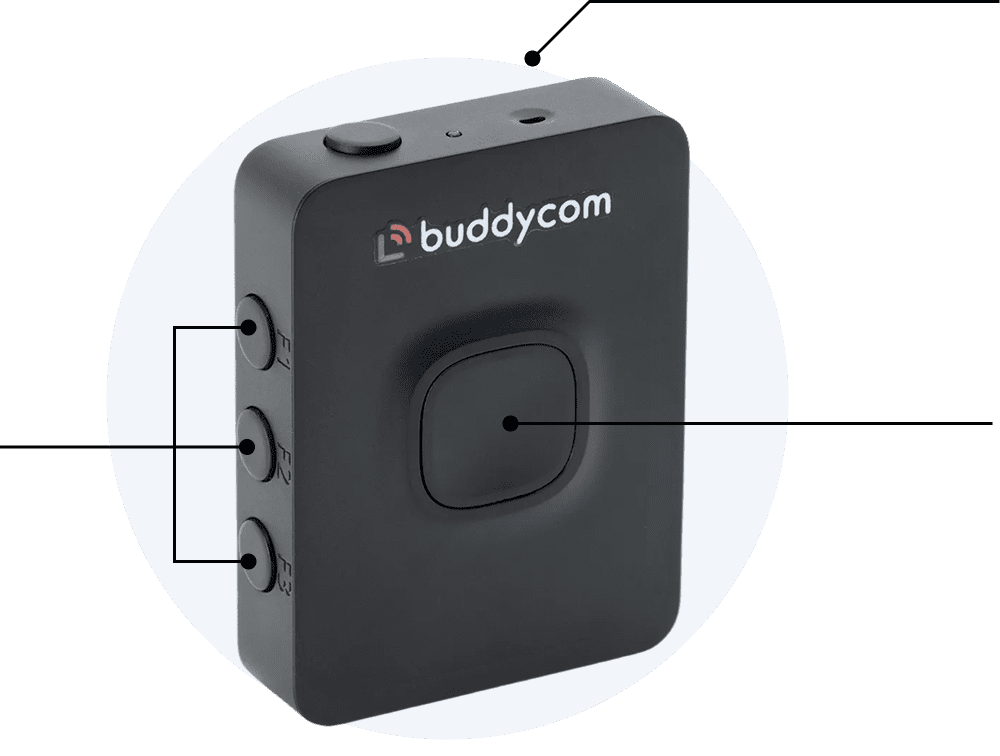 黒いボディに「buddycom」のロゴがある小型デバイスの写真で、側面に複数のボタンが配置されている。