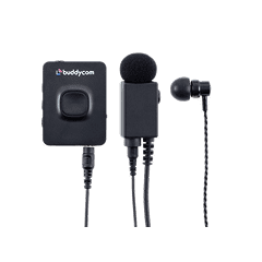 黒いマイクとイヤフォンが接続されたデバイスが、中央にボタンを持ち並んでいる。