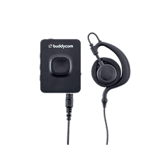 黒い手動ボタンとイヤフォンが接続されたデバイスの画像、buddycom関連。