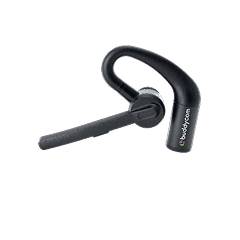 黒いBluetoothイヤフォンが白背景の上に置かれている。