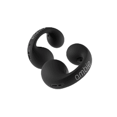 黒いワイヤレスイヤフォンが横向きに置かれ、シンプルなデザインが際立つ。