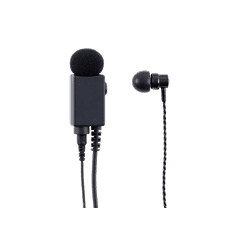 黒いマイクとイヤフォンが並んでいる写真、特に音声コミュニケーション用のデバイスとしての特徴がある。