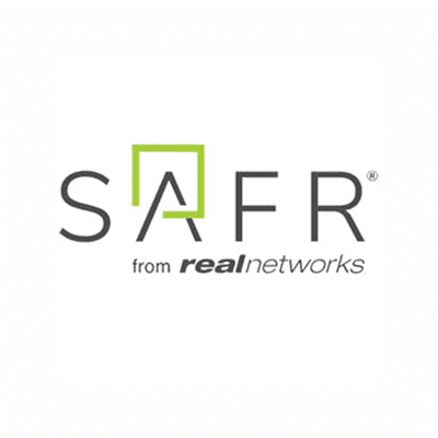 「SAFR from realnetworks」のロゴが白い背景に描かれている画像。