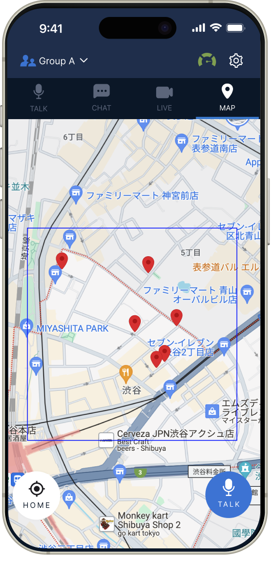 特定のエリア内で情報を共有緊急時の現場対応にも